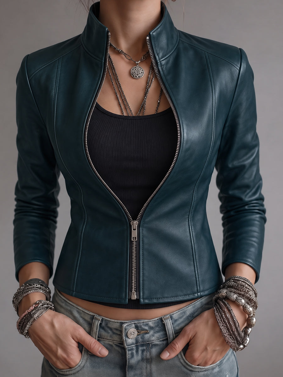 Brown Ribbed Collar Leather Bomber Jacket