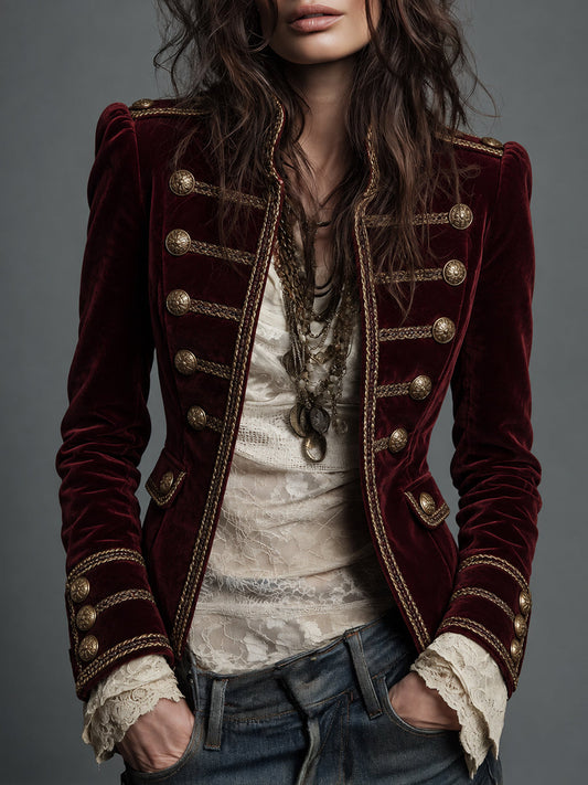 Burgundy Velvet Military Jacket