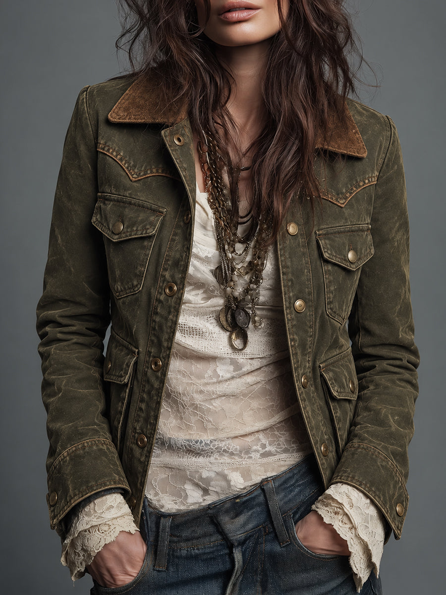 Rust Floral Lapel Corduroy Jacket