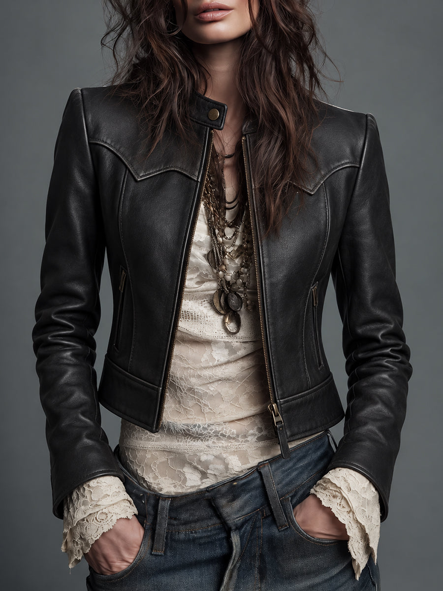 Ivory Shearling Collar Leather Jacket
