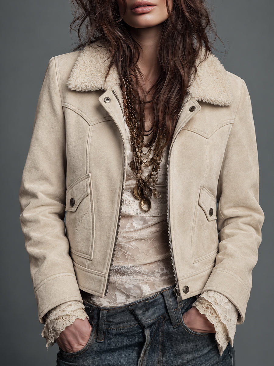 Cream Western Suede Panel Blazer