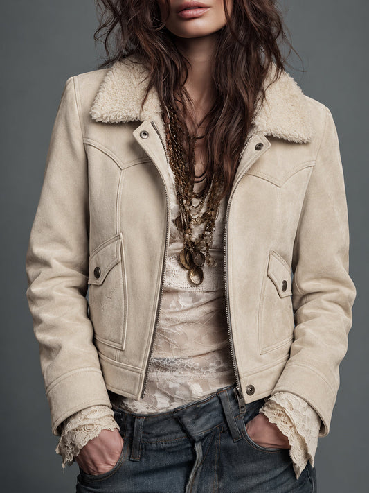 Cream Shearling Collar Leather Jacket