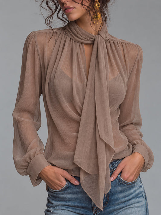 Taupe Neck Tie Sheer Blouse