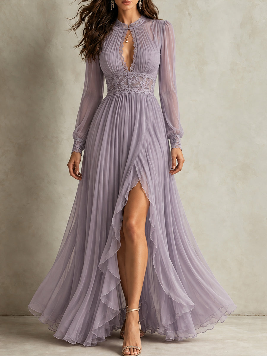 Taupe Collared Chiffon Maxi Dress