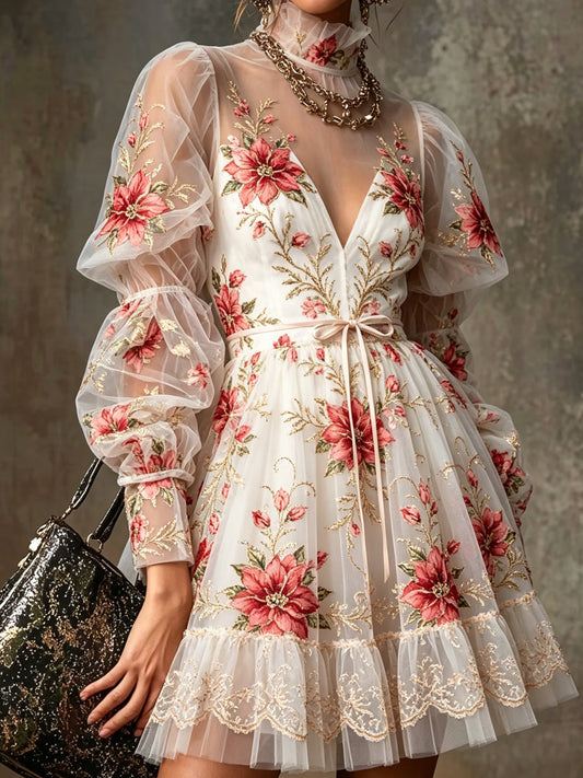 Cream Tulle Embroidered V-Neck Mini Dress