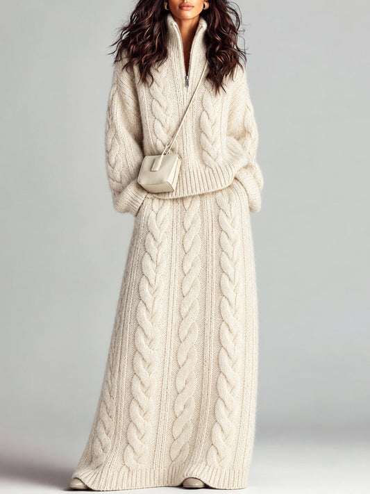 Cream Cable Knit Half-Zip Sweater and Skirt Set