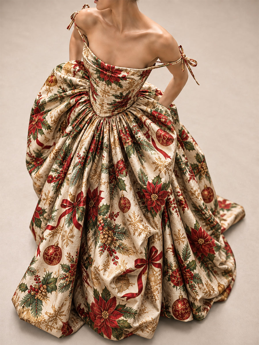 Cream Christmas Print Ball Gown