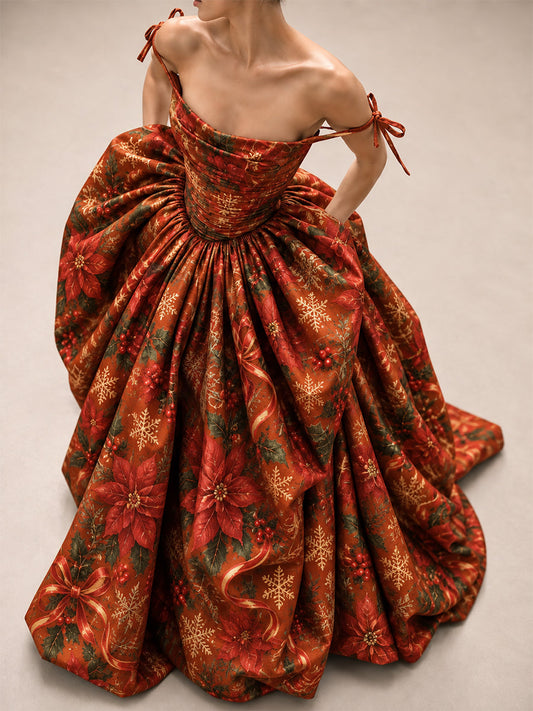 Rust Christmas Print Ball Gown