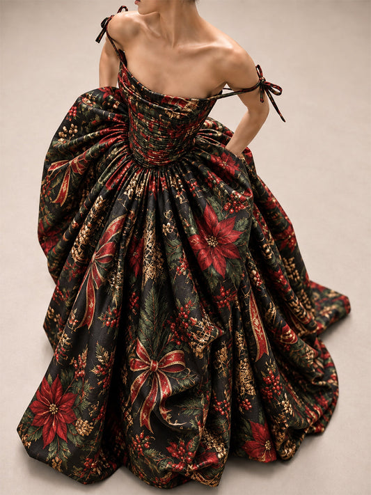Black Christmas Print Ball Gown