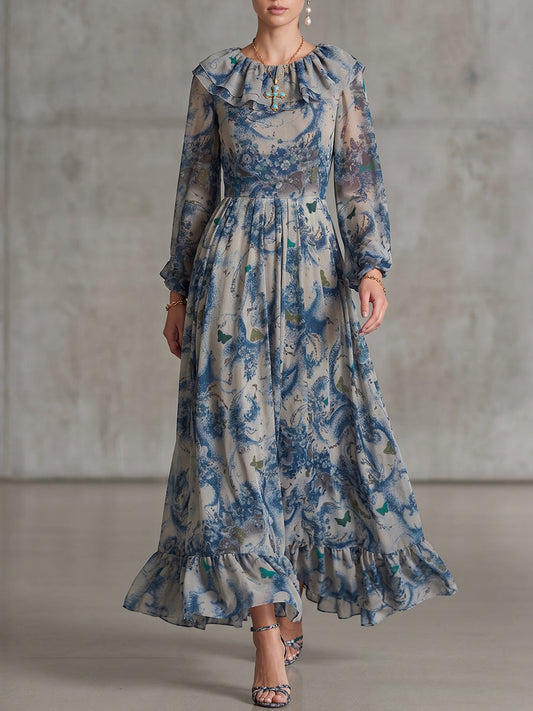 Blue Floral Chiffon Ruffle Maxi Dress