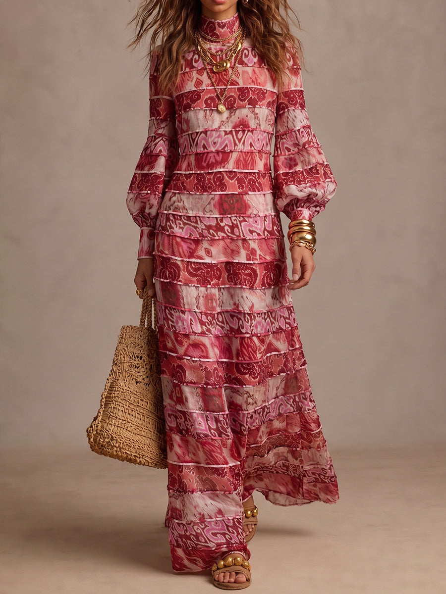 Pink Paisley Print Tiered Maxi Dress