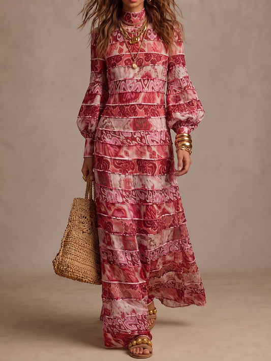 Pink Paisley Print Tiered Maxi Dress