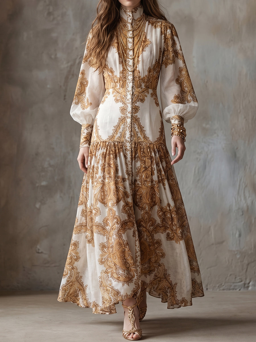 Cream Gold Paisley Chiffon Maxi Dress