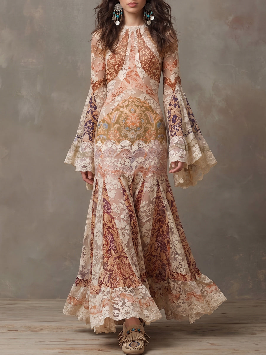 Multicolor Paisley Lace Bell Sleeve Maxi Dress