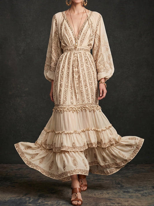 Cream Gold Embroidered Chiffon Maxi Dress