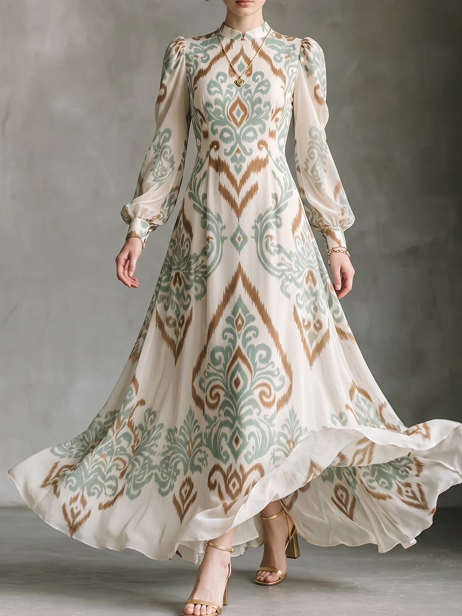 Cream Ikat Print Chiffon Maxi Dress