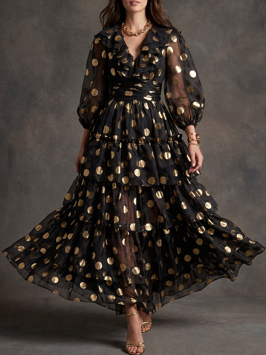 Black Gold Metallic Dot Tiered Maxi Dress