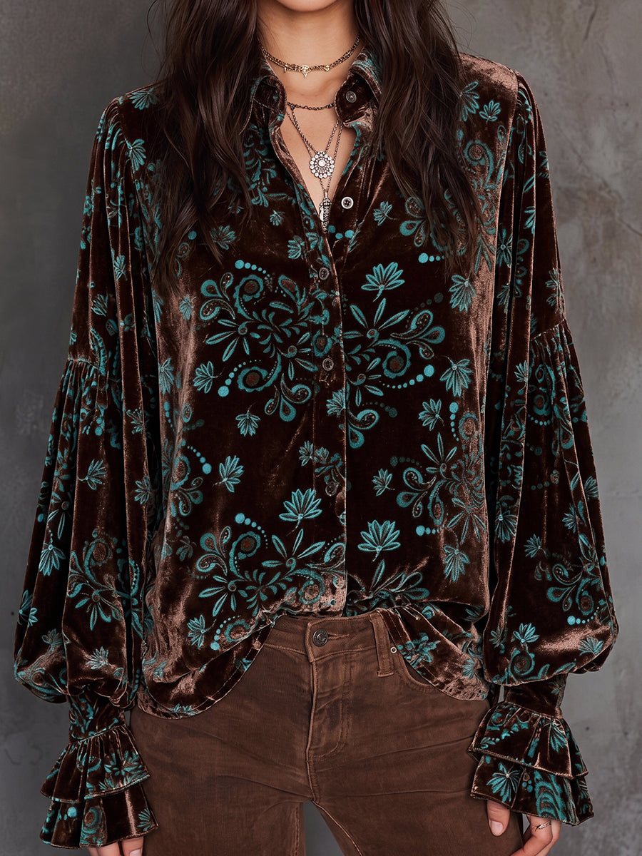 Brown Teal Velvet Embroidered Blouse