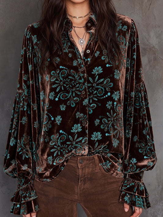 Brown Teal Velvet Embroidered Blouse