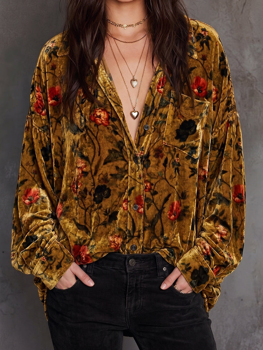 Mustard Floral Velvet Button-Down Blouse