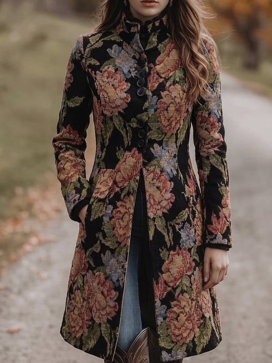Black Floral Tapestry Long Coat