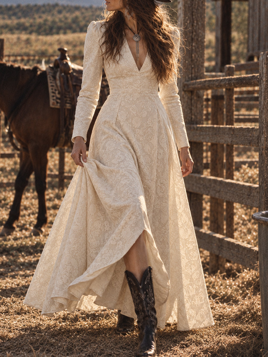 Cream Textured Western Maxi Dress