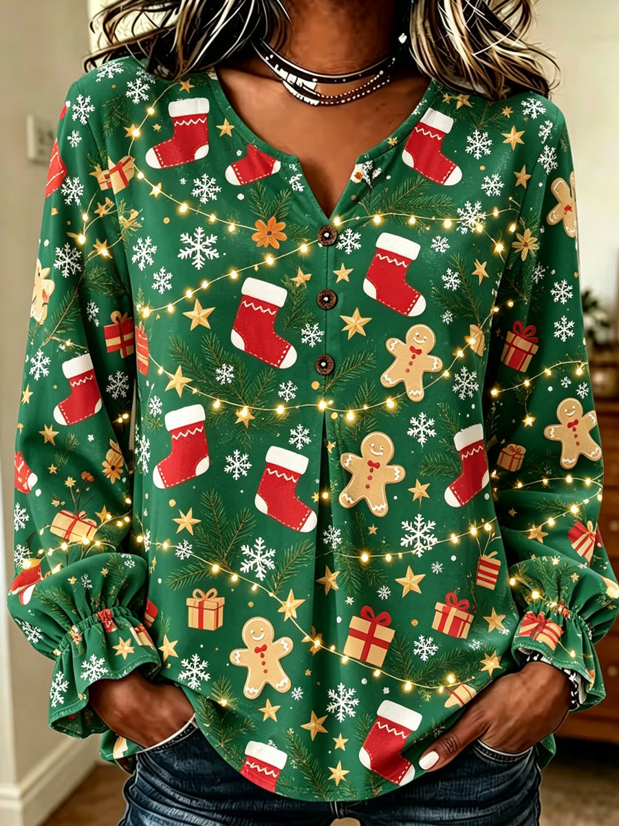 Green Christmas Stocking Print Blouse