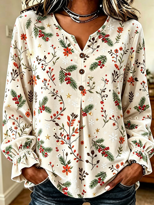 Cream Christmas Tree Floral Blouse