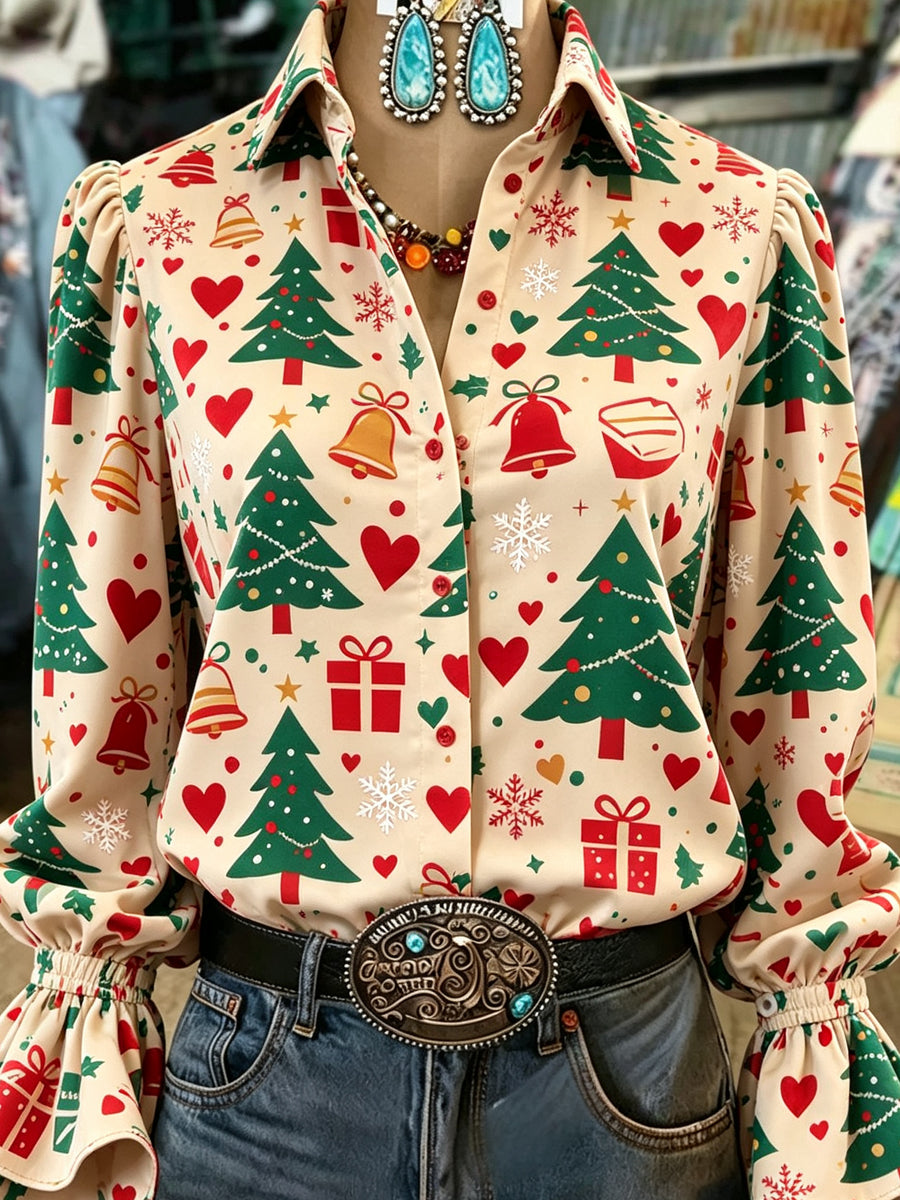 Cream Christmas Tree Heart Print Shirt