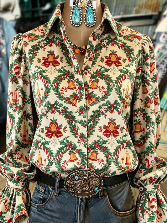 Cream Christmas Wreath Print Shirt