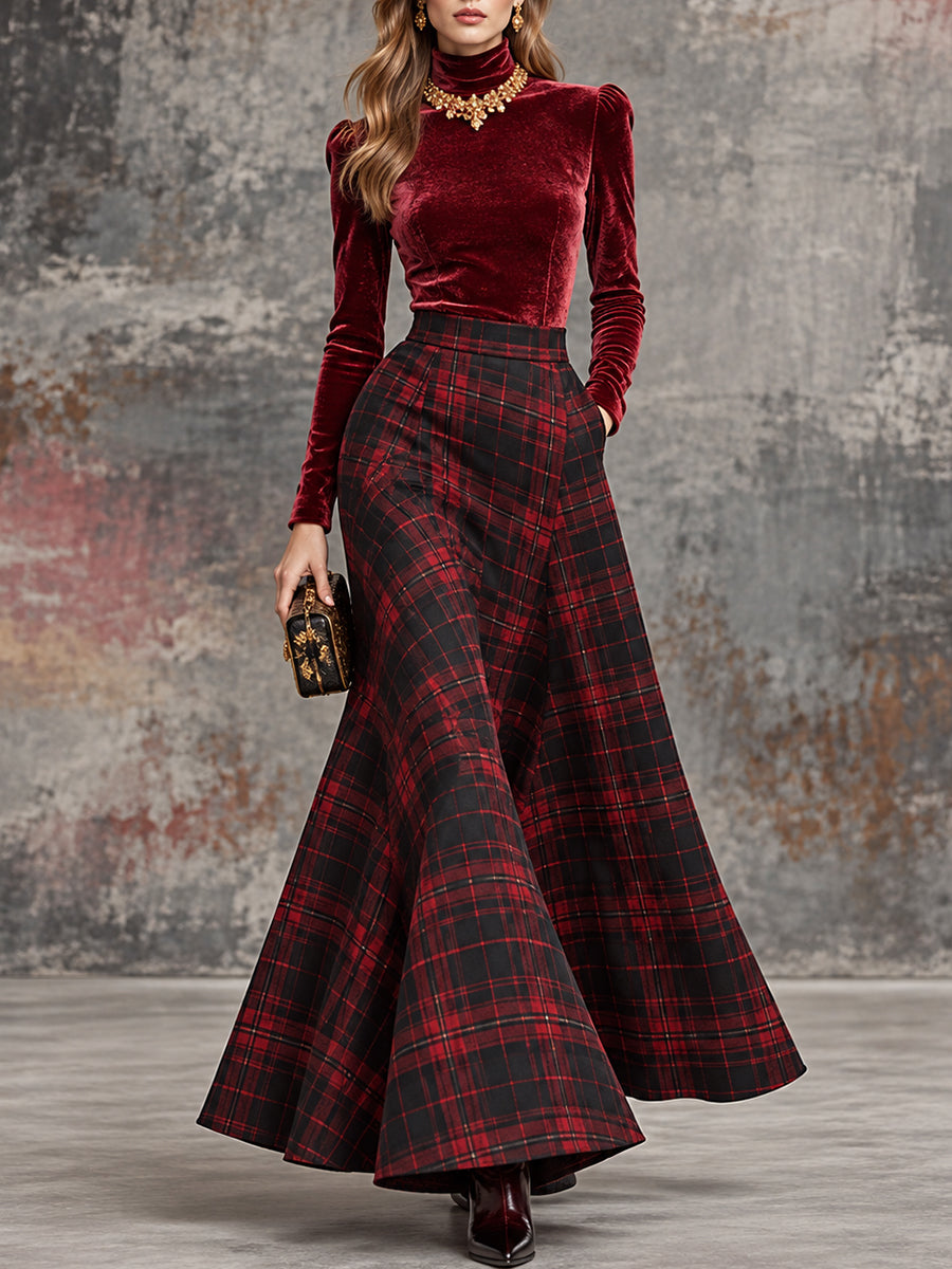 Burgundy Velvet Plaid Maxi Skirt Set