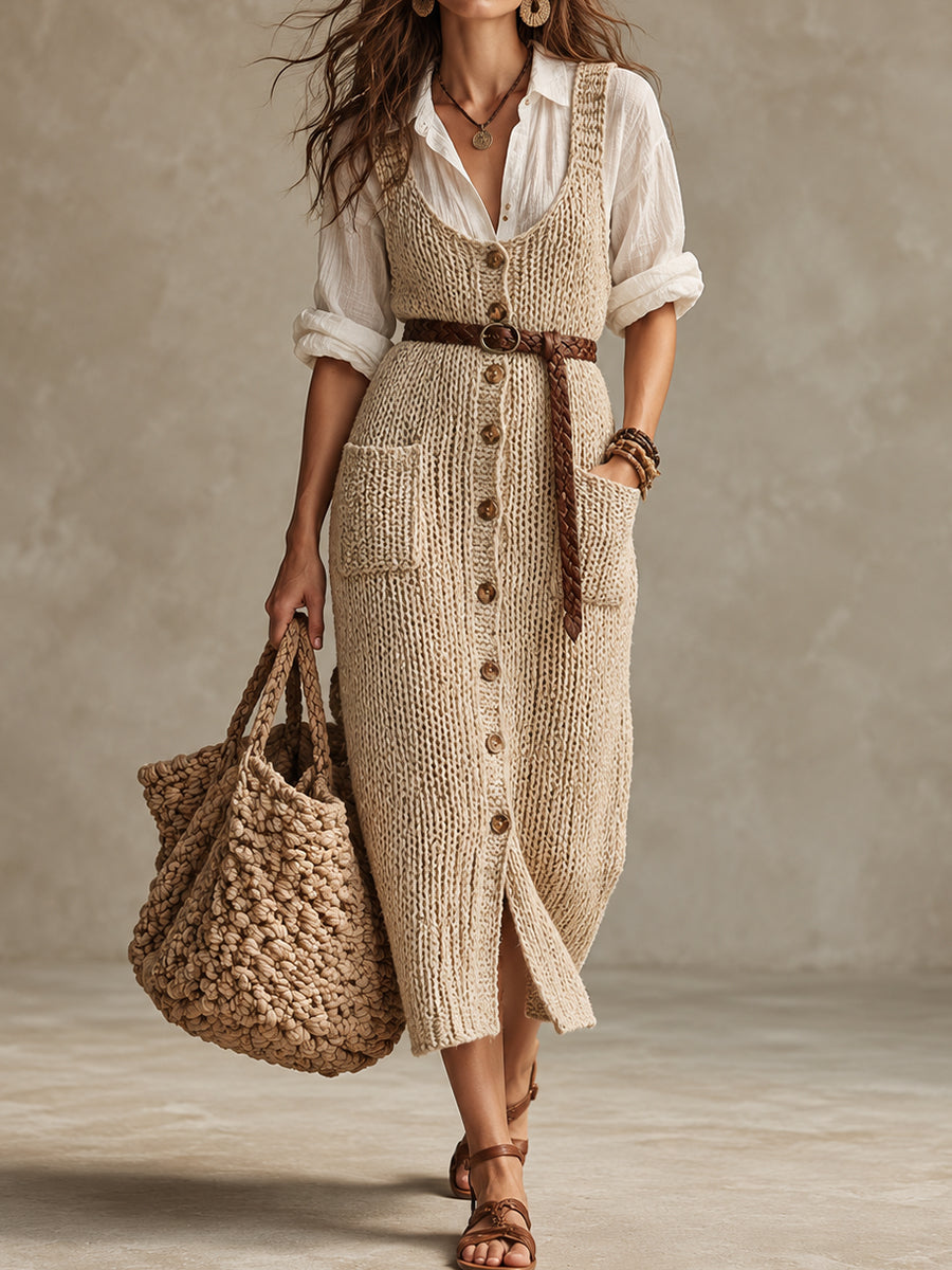 Beige Knit Button Front Midi Dress