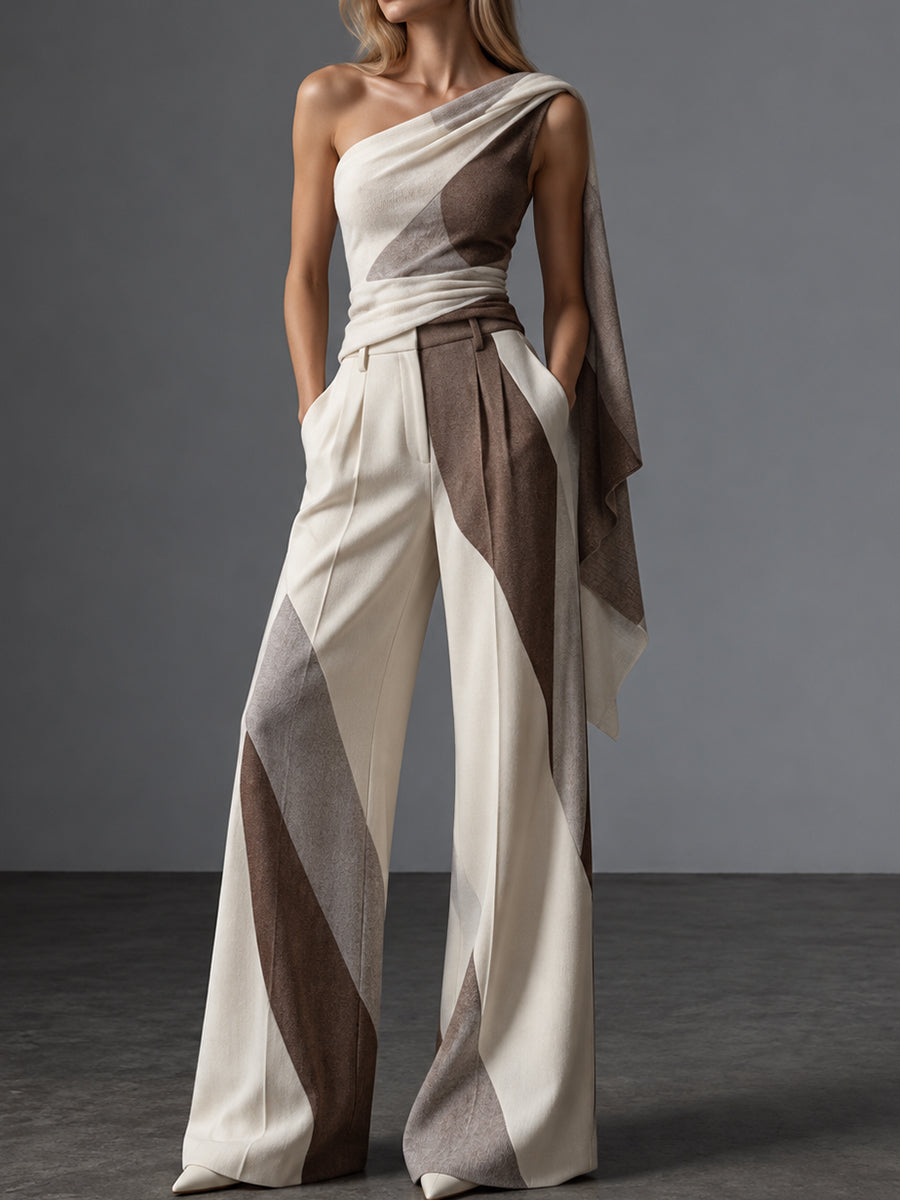 Cream Draped One Shoulder Wide Leg Pants Set