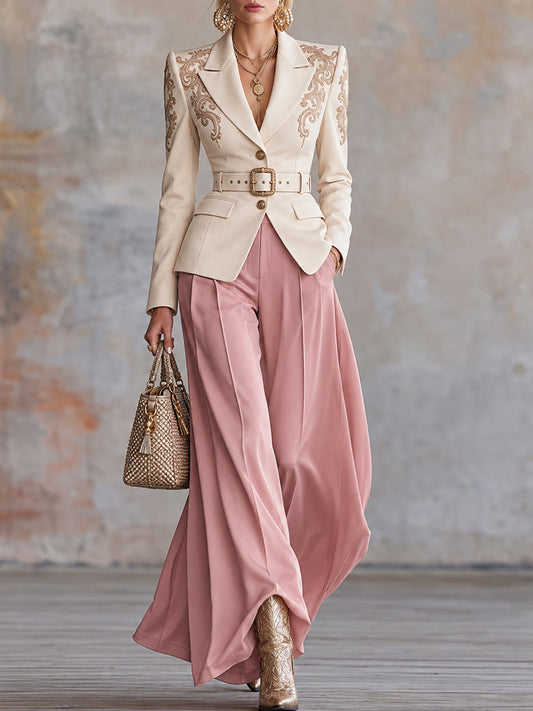 Cream Embroidered Blazer and Pink Wide Leg Pants Set