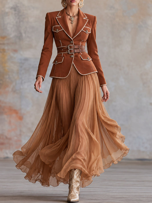 Brown Belted Blazer and Pleated Maxi Skirt Set