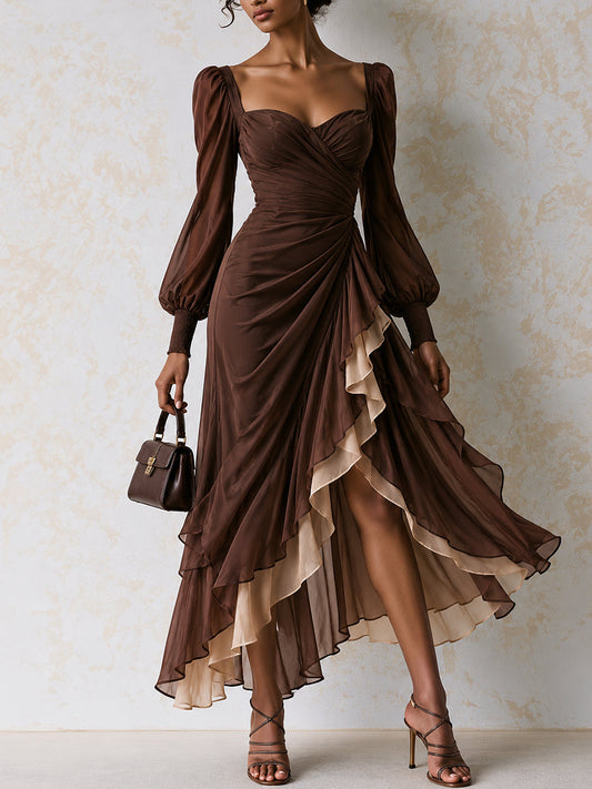 Brown Draped Ruffle High Low Midi Dress