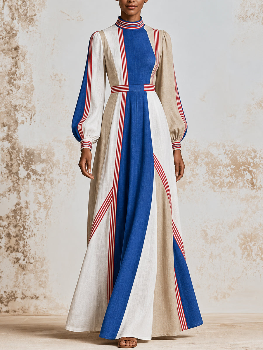 Blue Stripe High Neck A-Line Maxi Dress
