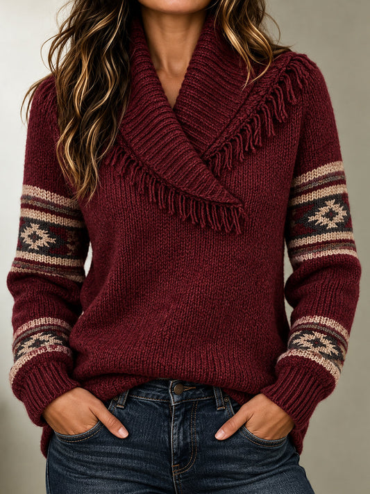 Burgundy Shawl Collar Fringe Sweater