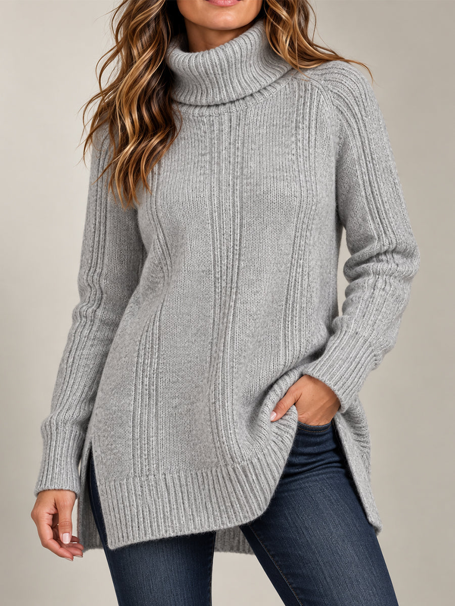 Grey Turtleneck Ribbed Tunic Sweater