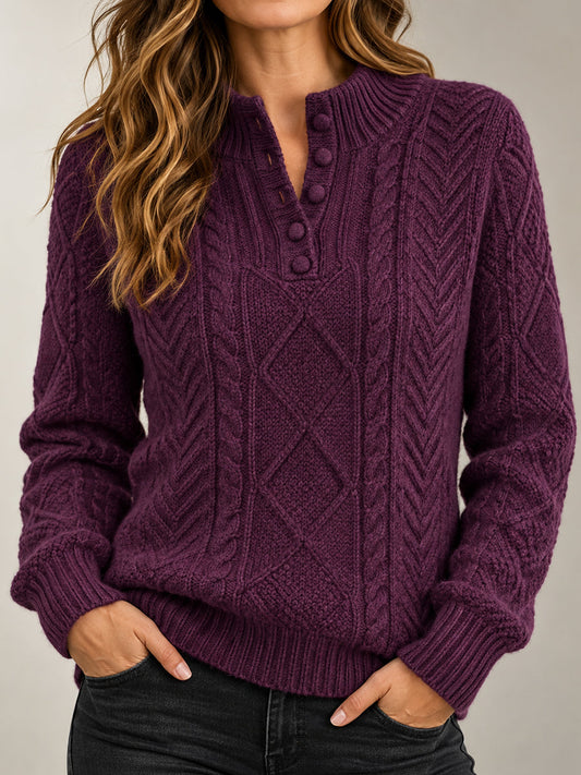 Purple Diamond Cable Knit Henley Sweater