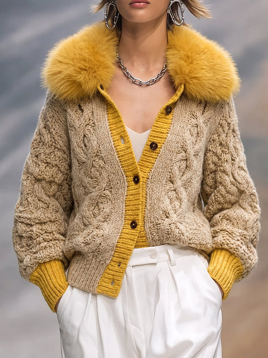 Beige Cable Knit Faux Fur Collar Cardigan