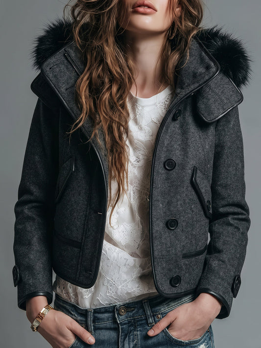 Charcoal Faux Fur Hooded Zip Front Jacket