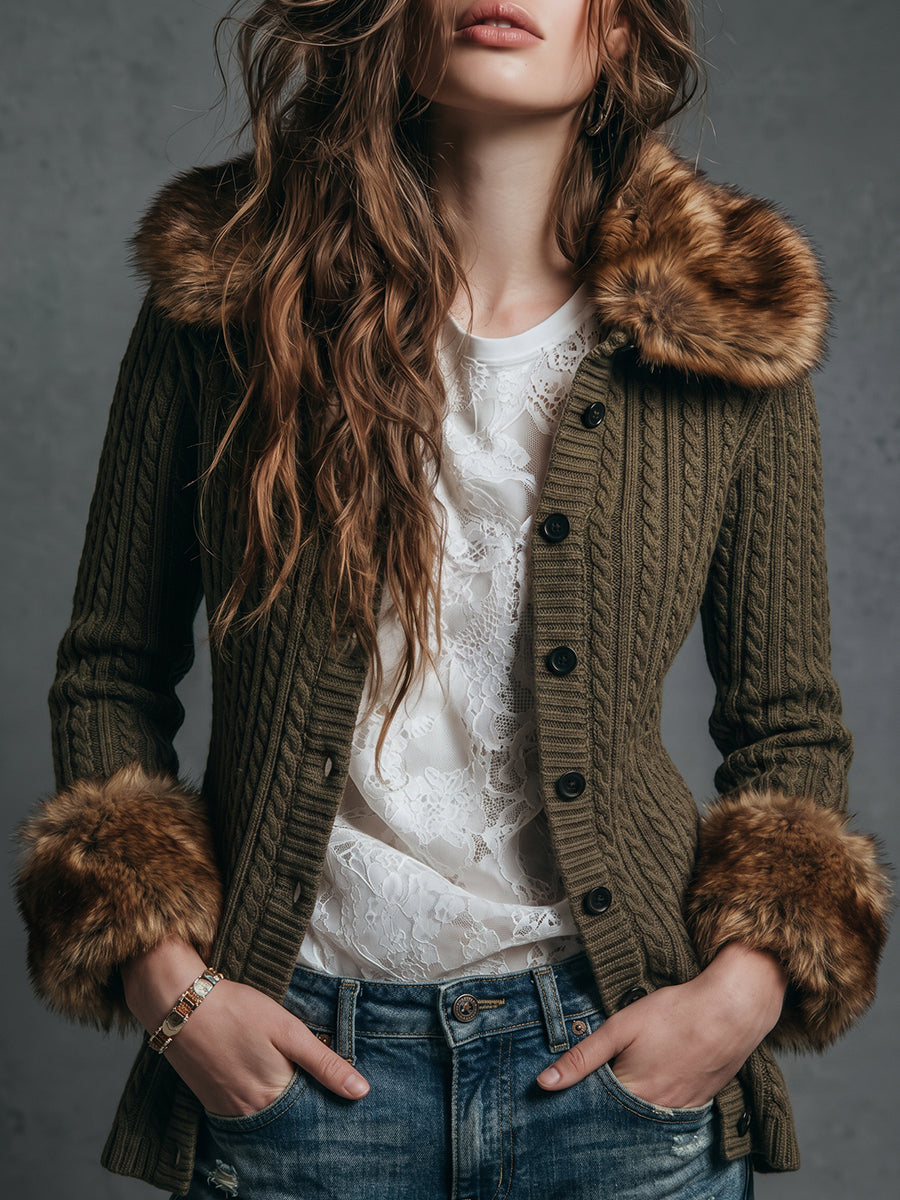 Olive Cable Knit Faux Fur Collar Cardigan