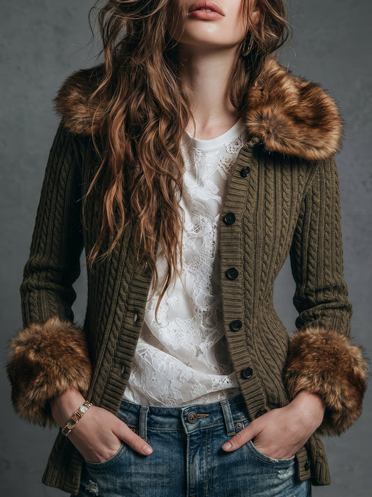 Olive Cable Knit Faux Fur Collar Cardigan