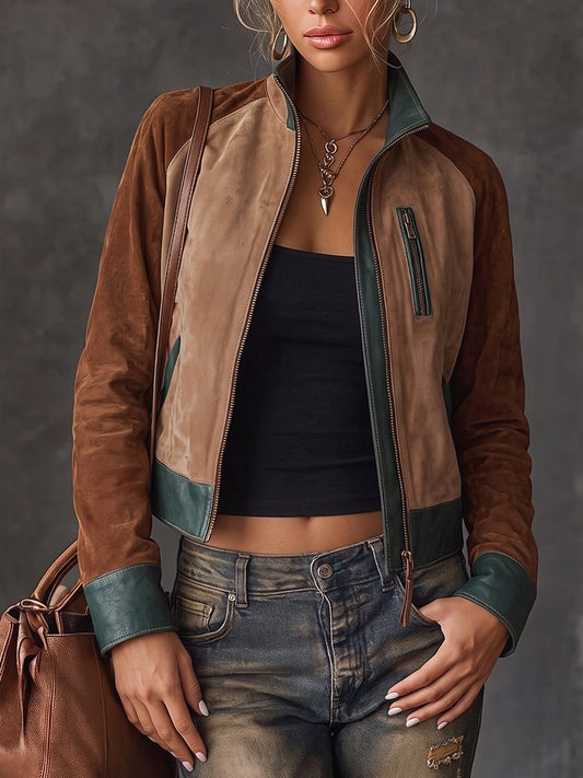 Brown Suede Color Block Zip Front Jacket