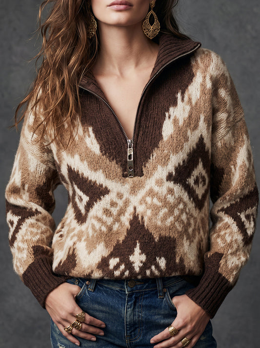 Brown Geometric Pattern Half Zip Sweater