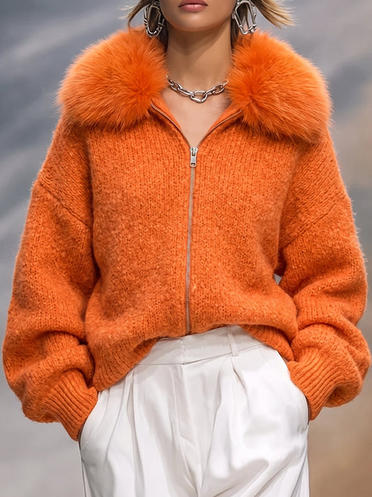 Orange Faux Fur Collar Zip Front Cardigan