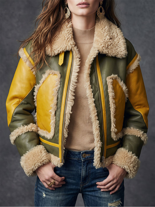Yellow Green Color Block Faux Fur Trim Jacket