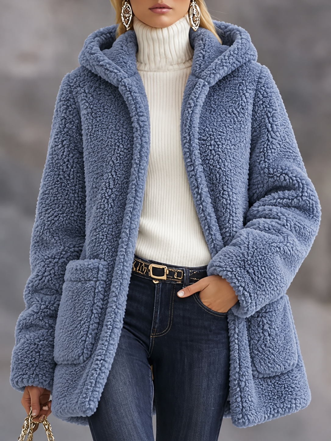 Blue Faux Fur Hooded Coat
