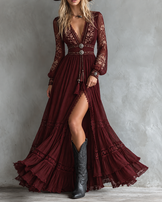 Burgundy Embroidered Sheer Sleeve Maxi Dress
